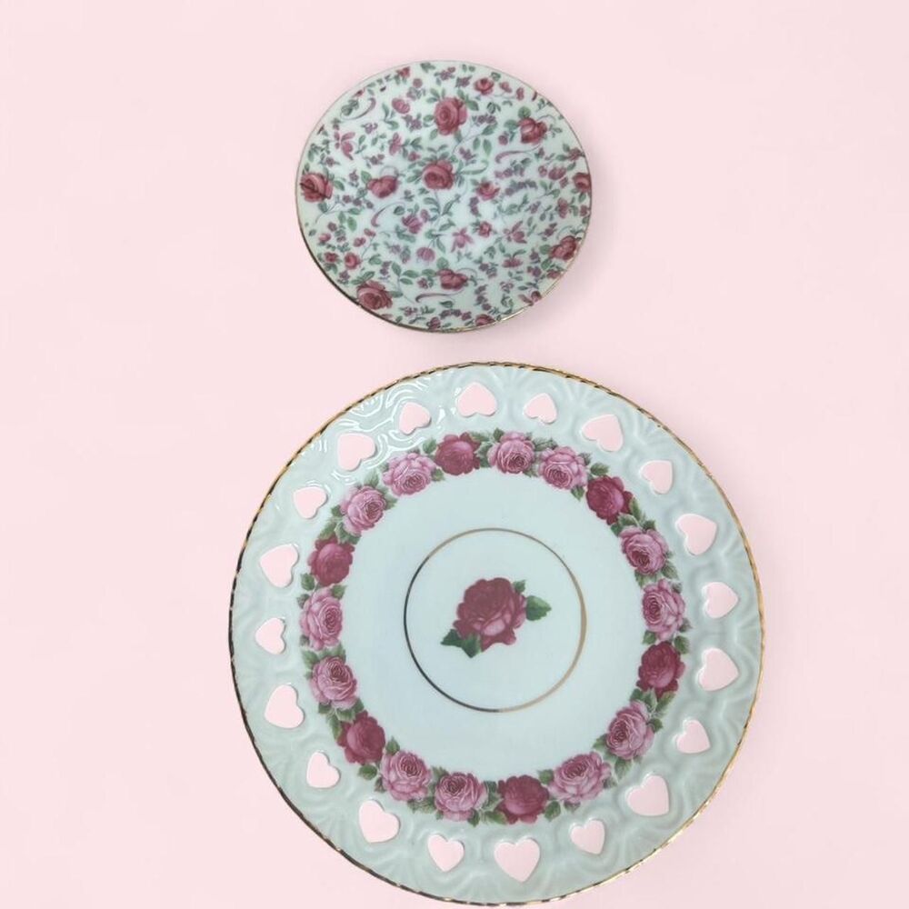 Set of 2 Pink Rose Coquette Style Display Plates